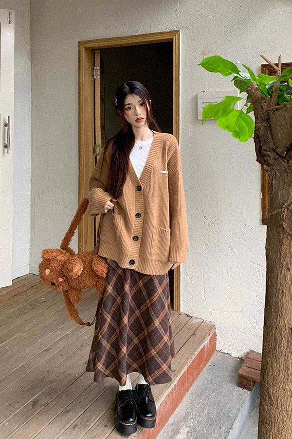 Sweater Coat and retro plaid skirt