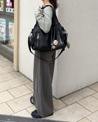 Front zip leather shoulder bag