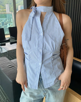 Striped gathered halter neck blouse