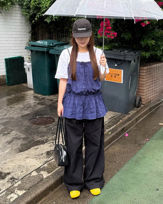 Checked sleeveless shirred blouse