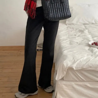 Fleece-lined ribbed bootcut elastic waist slacks (3c)