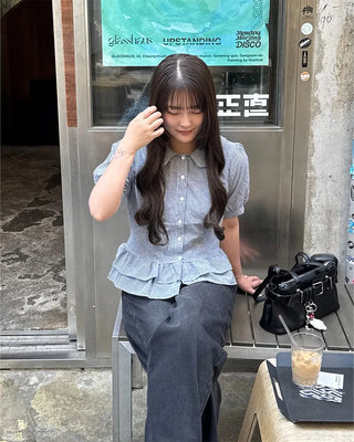 Stand-collar pleated short-sleeved blouse