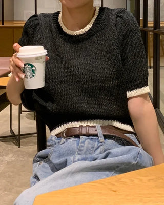 Two-tone boucle short-sleeved knit