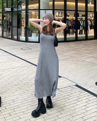 Cap-attached polka dot camisole long dress