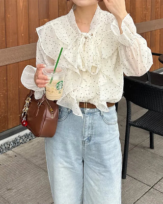 Polka Dot Ribbon Tie Frill Chiffon Blouse