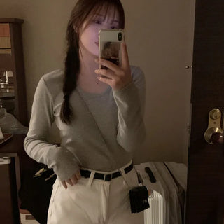 Fleece-lined U-neck long-sleeved T-shirt