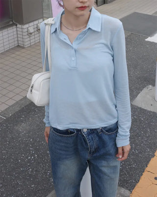 Button-collar long-sleeve T-shirt