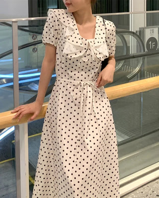 Polka Dot Frill Short Sleeve Long Dress