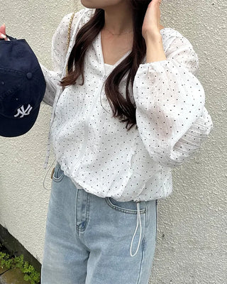 Polka Dot See-Through Frill Zip Hoodie