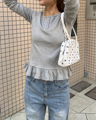 Henley neck frill long-sleeved T-shirt