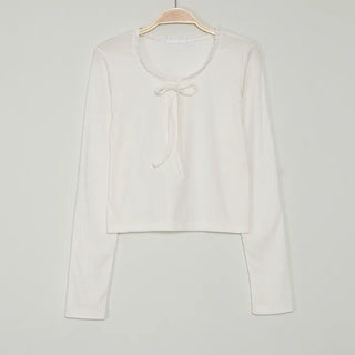 Ribbed lace ribbon long-sleeved T-shirt
