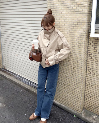 High-neck double-breasted half coat