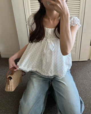 Polka Dot Ribbon Half Blouse
