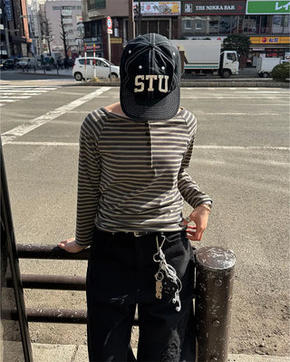 Striped Button Long T-Shirt