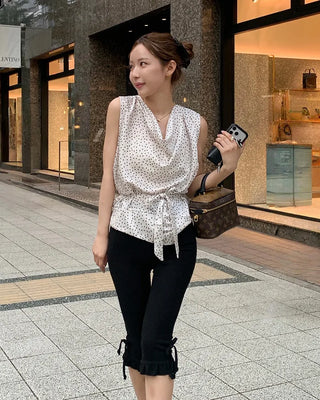 Scarf tie polka dot drape blouse