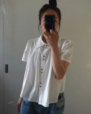 Wood Button Shirring Blouse