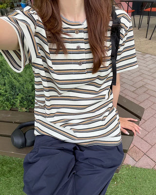 Multi-stripe Henley neck T-shirt