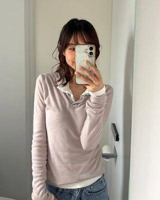 Open-collar long-sleeve T-shirt
