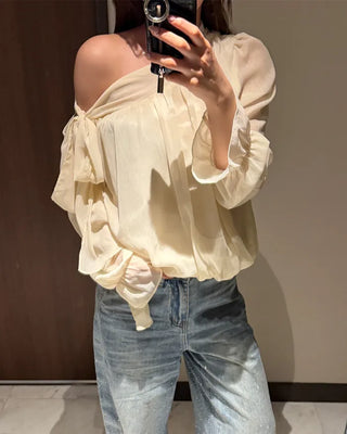 Chiffon Shirring Asymmetrical Ribbon Blouse