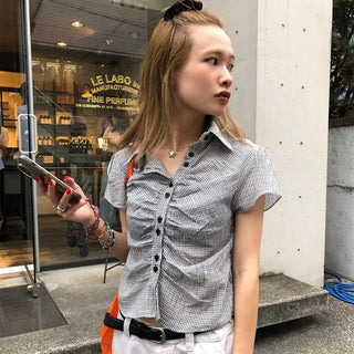 Cropped check shirred shirt