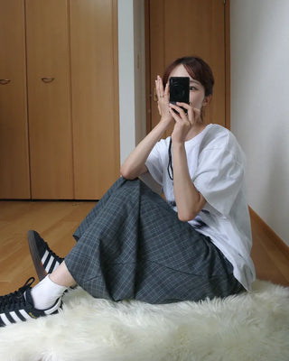 Waist string check long skirt