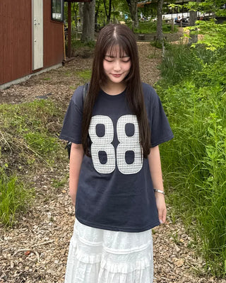 (Unisex) Number Patch Work Loose Fit Short Sleeve T-Shirt