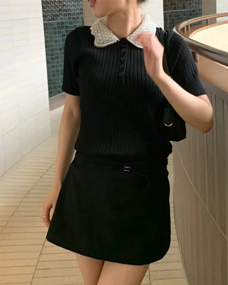 Pearl-embellished color-accented short-sleeved knit