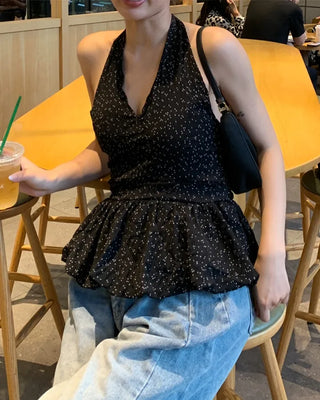 Polka Dot Frill Halter Neck Blouse