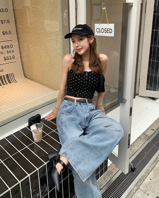 Camisole with polka dot lace cap