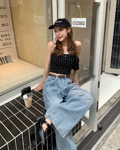Camisole with polka dot lace cap