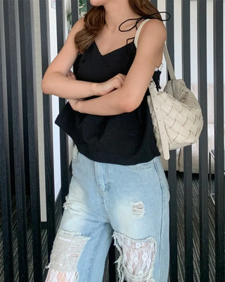 Ribbon strap shirred blouse