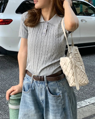 Cable knit slim-fit short-sleeve knit