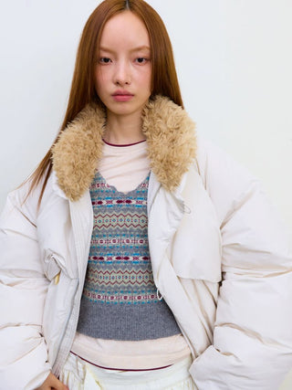 [NEVERSEEZ] Spliced Detachable Fur Collar Down Jacket