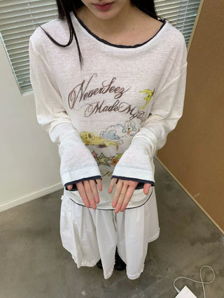 [NEVERSEEZ] Linen Blend Layered Neckline Long Sleeve Tee