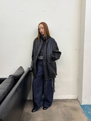 [NeverSeez] Padded PU Leather Trench Coat