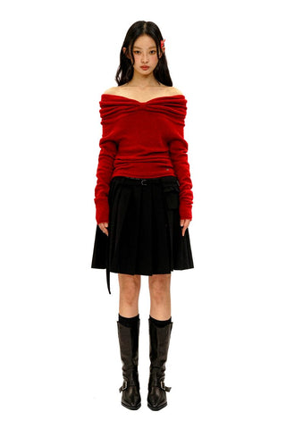 [Moromoro2] Bow Pleated Off-shoulder Knit  Sweater