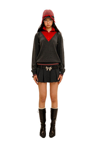 [Moromoro2] Contrast Striped Layered Knit  Sweater