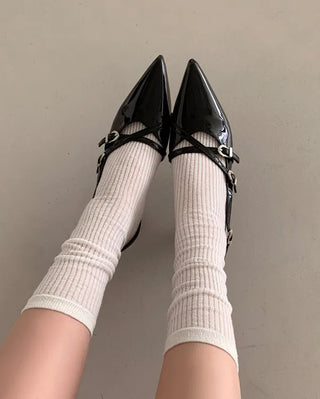 Enamel buckle pointed-toe Mary Jane slingback pumps