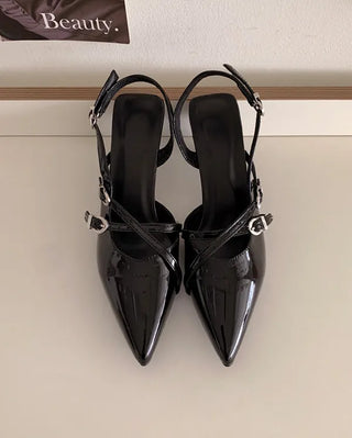 Enamel buckle pointed-toe Mary Jane slingback pumps