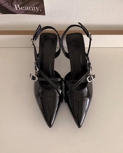 Enamel buckle pointed-toe Mary Jane slingback pumps