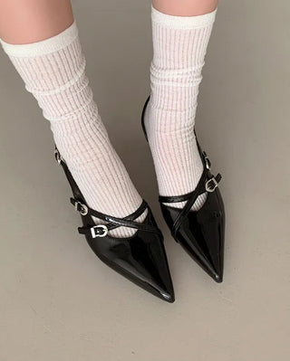 Enamel buckle pointed-toe Mary Jane slingback pumps