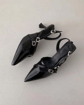 Enamel buckle pointed-toe Mary Jane slingback pumps