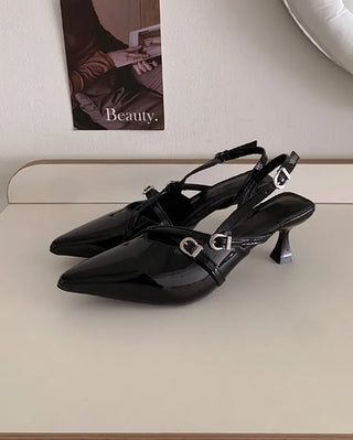 Enamel buckle pointed-toe Mary Jane slingback pumps