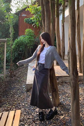 two-piece knitted cardigan / mid-length maxi skirt