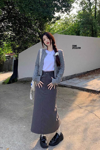 two-piece knitted cardigan / mid-length maxi skirt