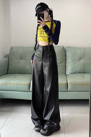 PU leather wide-leg pants