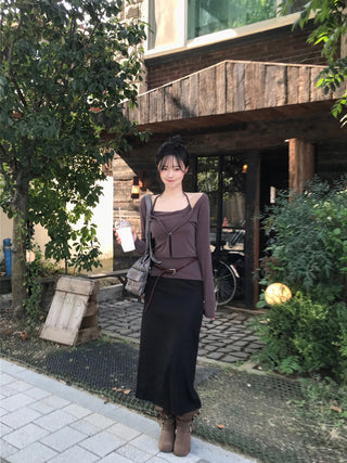Slit elastic waist long skirt