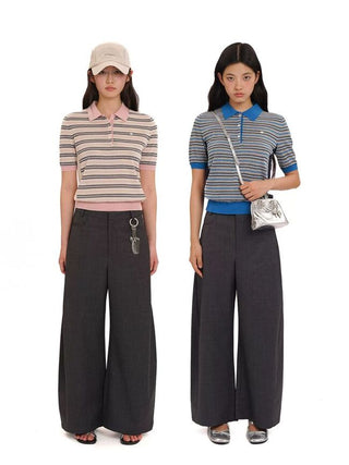 [Moromoro2] Tencel Linen Blend Striped Polo Knit  Top