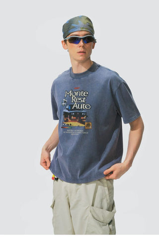 [Monterest] Washed Cotton Racing Print T-Shirt