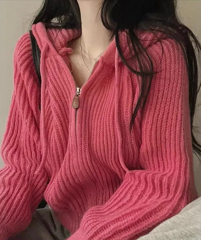 retro zipper hooded cardigan